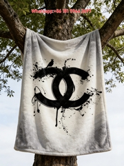 Chanel Ink Splatter CC Logo with Crown Bird Flannel Throw Blanket IMG_6650